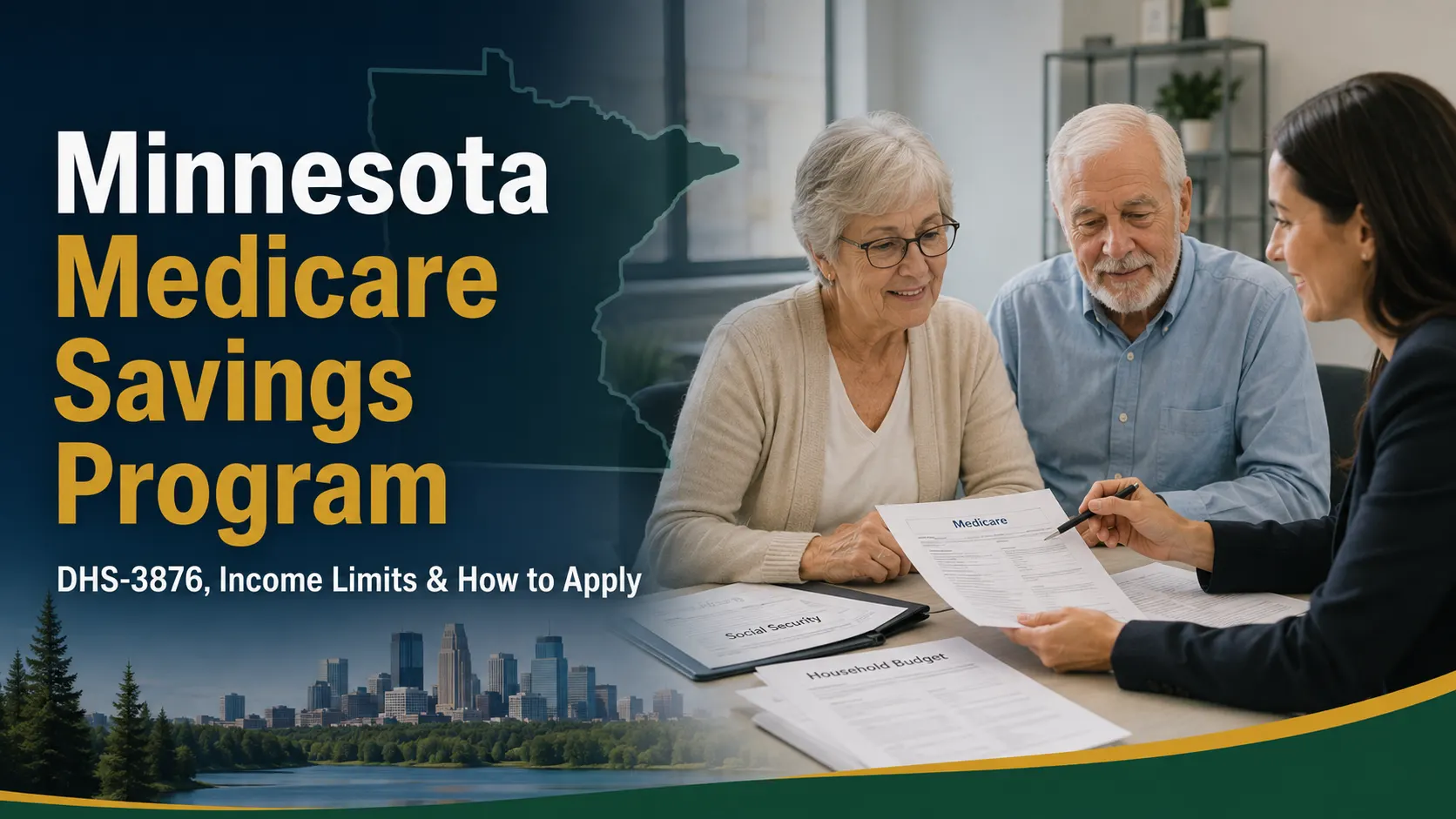 Minnesota Medicare Savings Program with older couple reviewing Medicare and household financial documents with a benefits counselor.