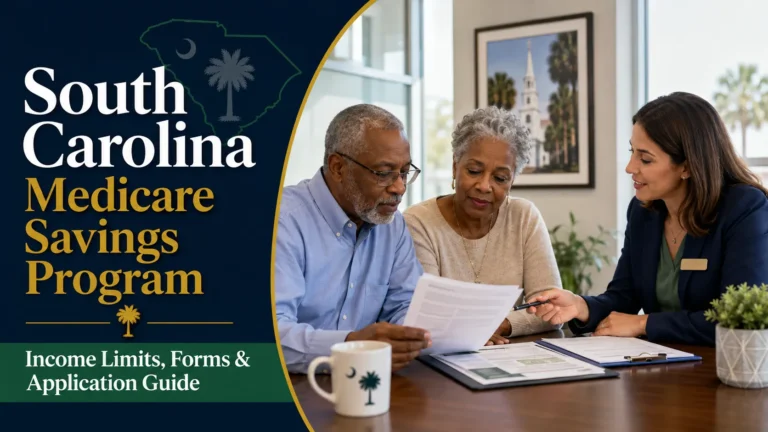 Older couple reviewing South Carolina Medicare Savings Program documents with a benefits counselor