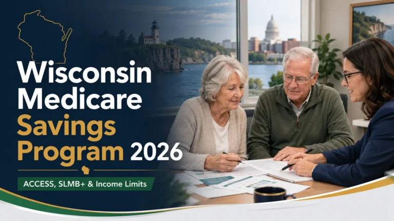 Older Wisconsin couple reviewing Medicare Savings Program documents with a benefits counselor in a professional office.