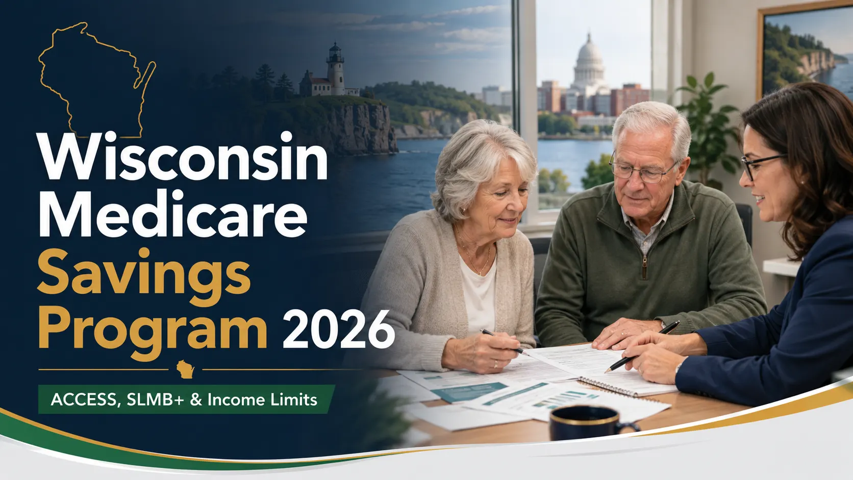 Older Wisconsin couple reviewing Medicare Savings Program documents with a benefits counselor in a professional office.