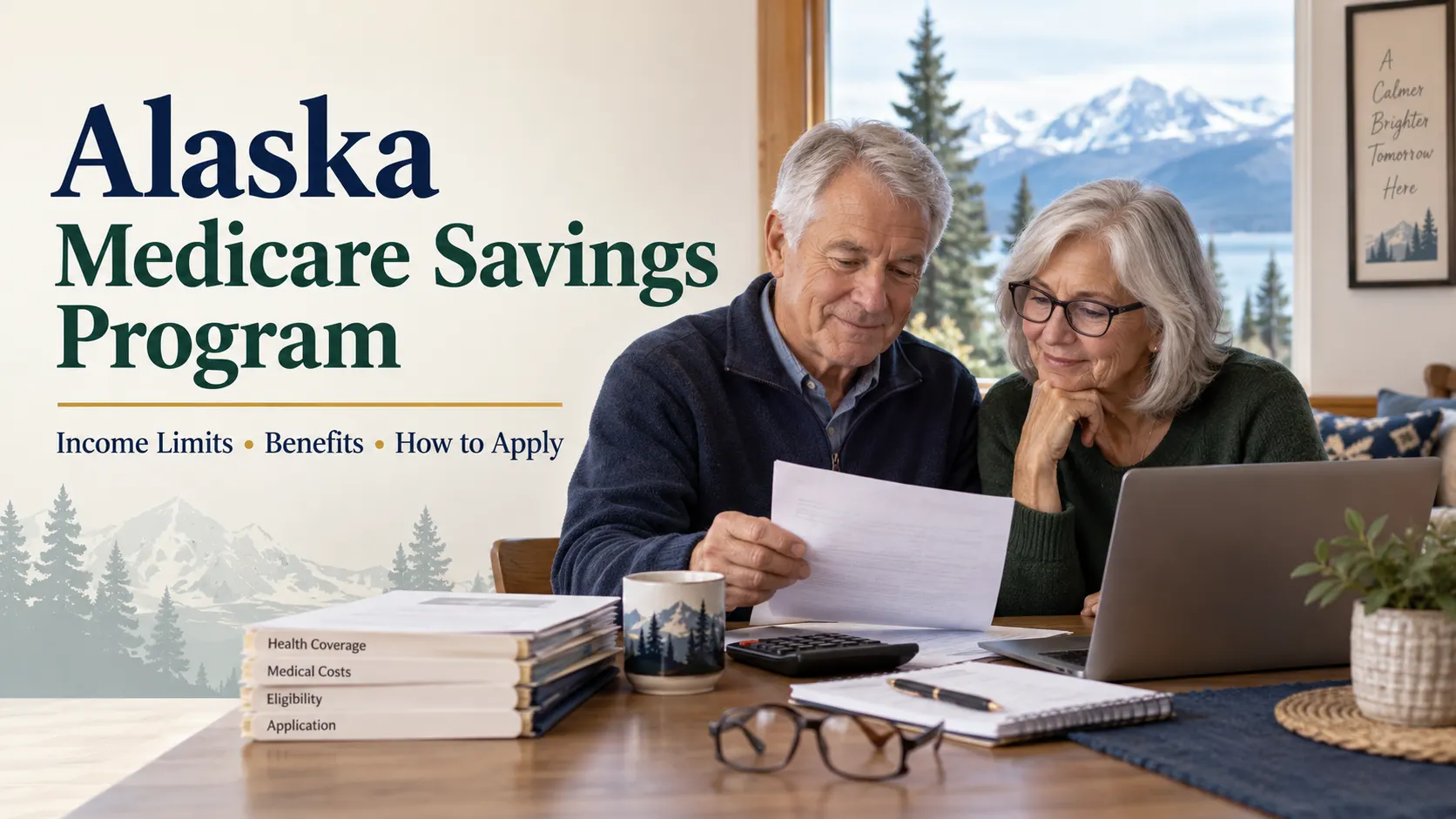 Alaska Medicare Savings Program 2026: Income Limits, Benefits & How to Apply 1 Senior couple in an Alaska home reviewing Medicare Savings Program paperwork with a laptop and calculator.