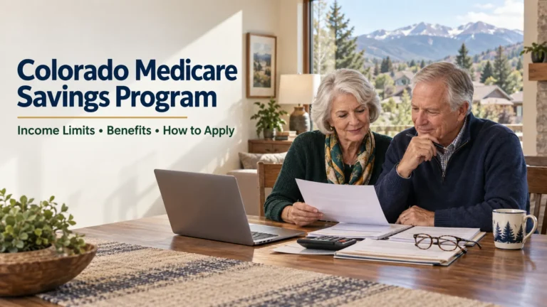 Older Colorado couple reviewing Medicare Savings Program paperwork at home with the Rocky Mountains visible through a window