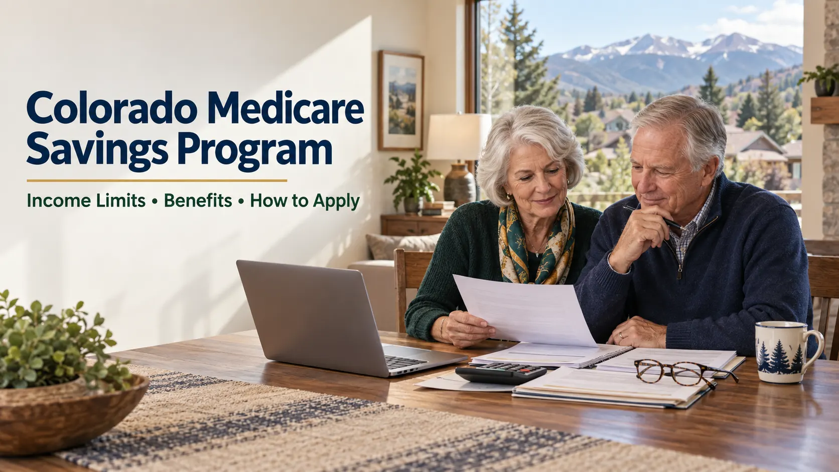 Colorado Medicare Savings Program 2026: Income & Asset Limits, Benefits and How to Apply 1 Older Colorado couple reviewing Medicare Savings Program paperwork at home with the Rocky Mountains visible through a window