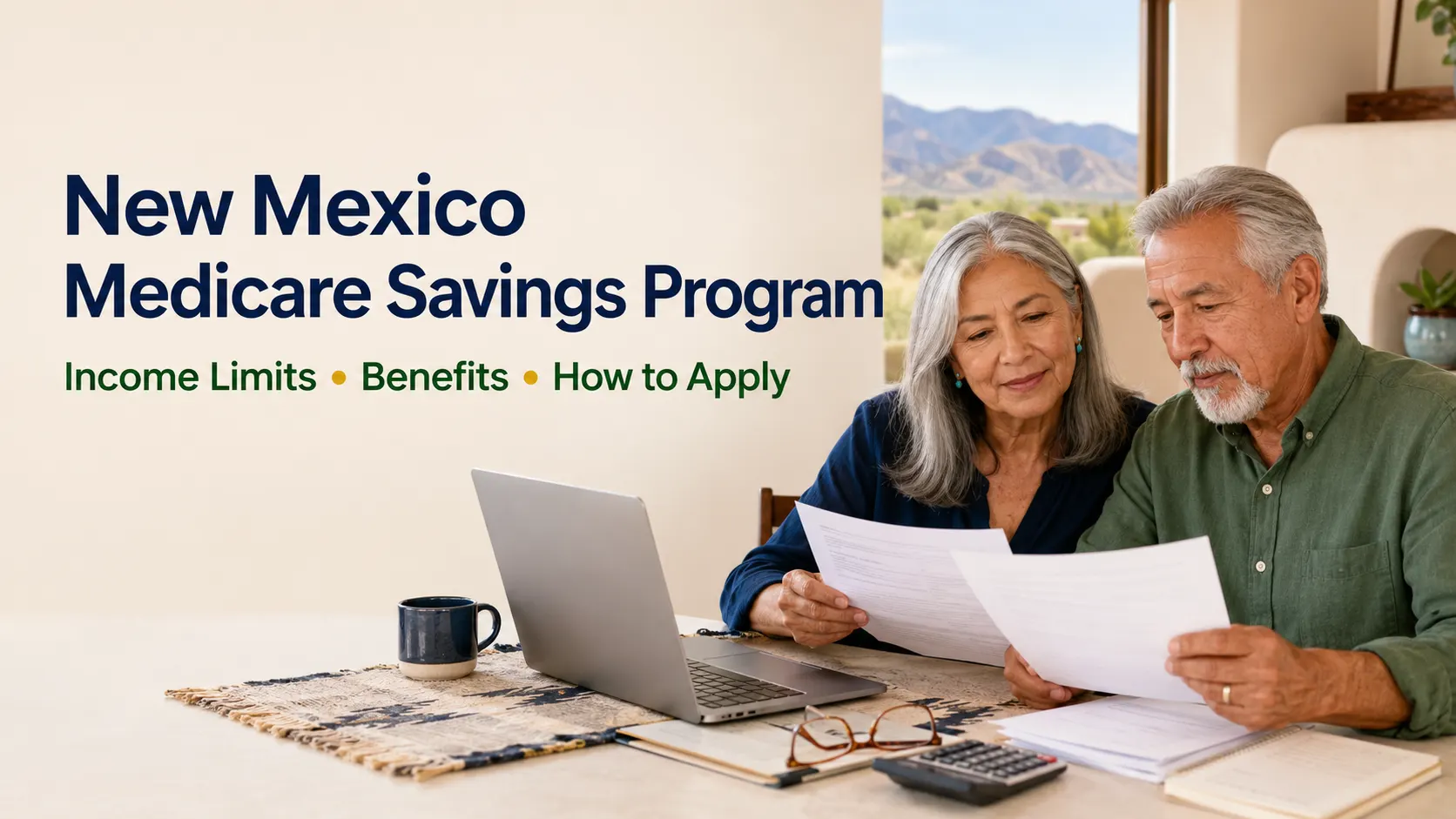 New Mexico Medicare Savings Program 2026: QMB, SLIMB, QI1 Income Limits & How to Apply 1 Senior New Mexico couple reviewing Medicare Savings Program paperwork with a laptop and calculator