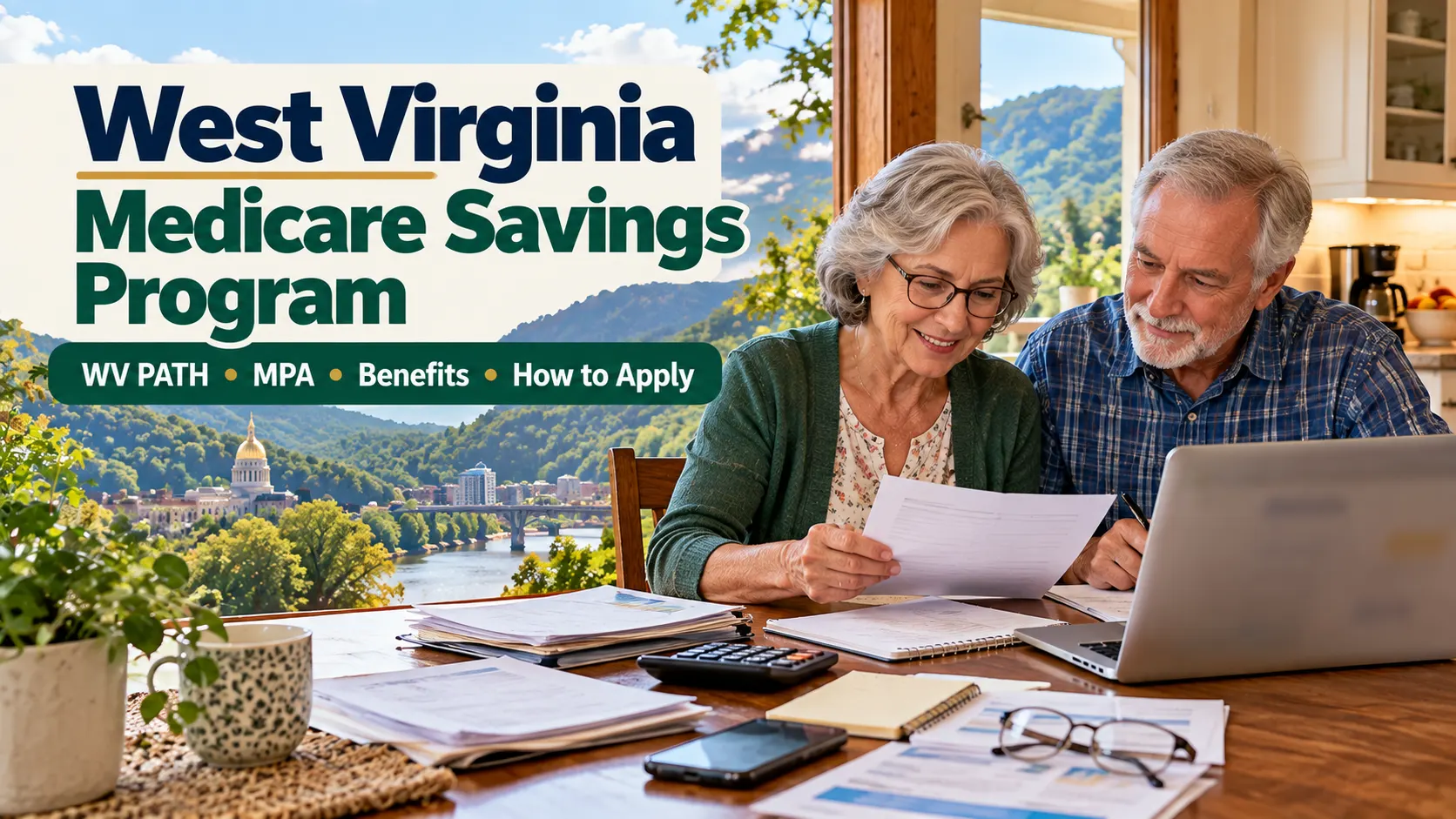 Senior couple in West Virginia reviewing Medicare Savings Program paperwork at home with a laptop, calculator and household documents.